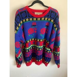 Vintage Joan Harper II Rose Floral Intarsia Knit Sweater Blue Red Plus 42/22W
